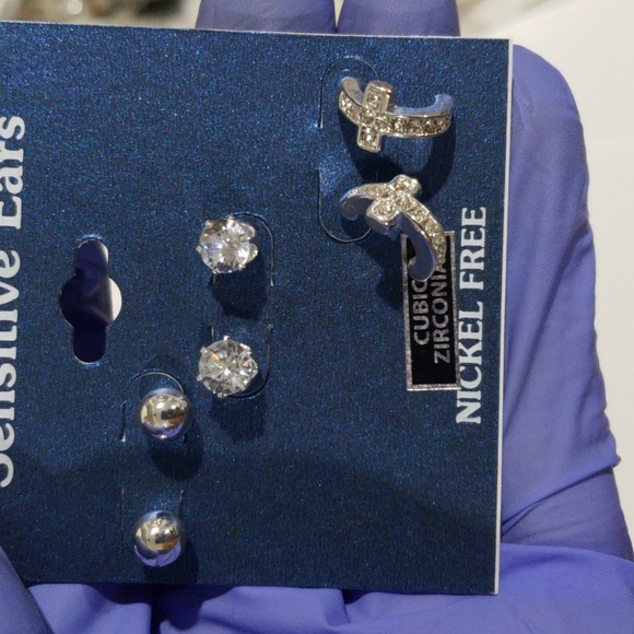 Set of 3 Silver-Tone Stud Earrings - Cubic Zirconia & Cross Design Women Jewelry - Picture 8 of 8